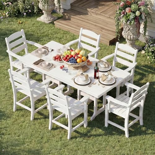 HOPUBUY 7 Pieces Patio Dining Set for 6, 71" HDPE All-Weather Patio Table and Chairs Set with Umbrella Hole, Durable Outdoor Furniture Set for Garden, Backyard, Lawn & Poolside (White)