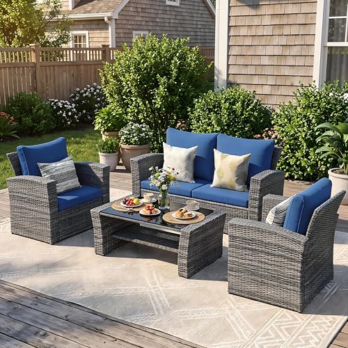 Wisteria Lane Patio Furniture Set, Wicker Outside Outdoor Furniture for All Weather, Patio Sofa with High Backrest Support and Wide Armrest for Backyard, Balcony, Deck, Porch, Dark Blue