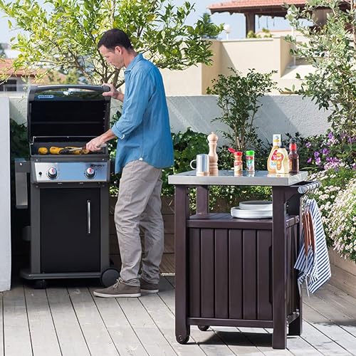 Keter Outdoor Grill Prep Table & Serving Cart, Stainless Steel Top, Unity, 40 Gal, Brown - Portable Bar Table and Cooking Accessory for Pool, Patio, Lawn, and Backyard