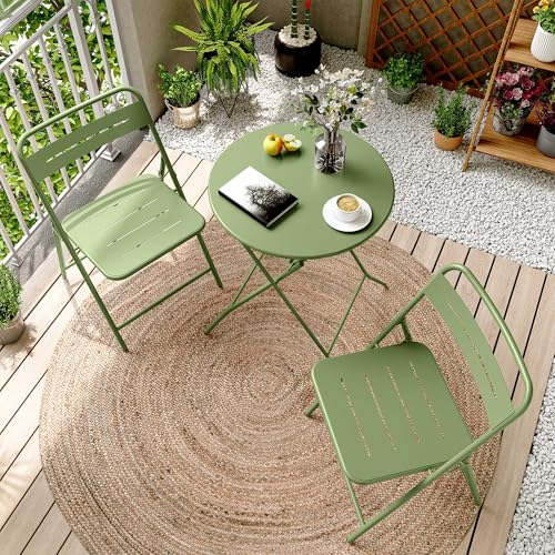 LAUSAINT HOME 3-Piece Steel Folding Bistro Set, Premium Weather-Resistant Patio Table & 2 Chairs for Balcony, Garden, Yard, Poolside & Indoor (Round, Green)