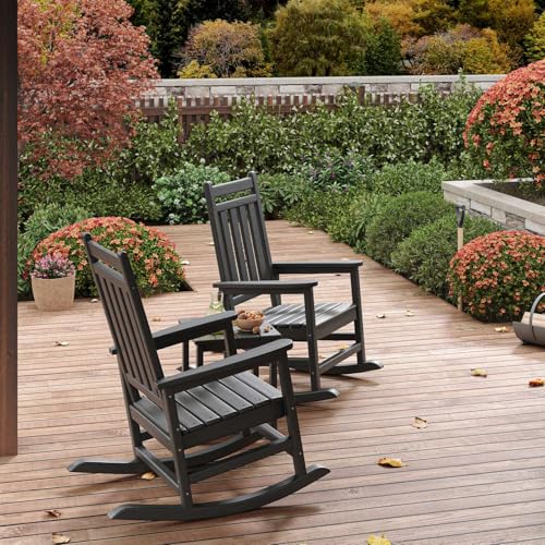 Garvee HDPE Rocking Chair Outdoor Set of 2 with Side Table - Poly High Back Porch Rocker Chairs for Adults - All Weather Resistant Furniture for Patio Front Porch - Black