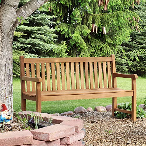 Sunnydaze 2-Person Outdoor Bench for Front Porch or Park - Wooden Teak Patio Garden Bench with Backrest - 675 lb Weight Capacity - 60"