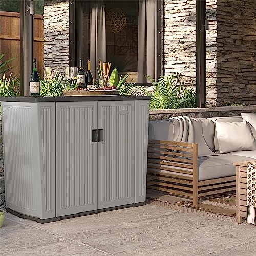 Suncast 130-Gallon Backyard Oasis Basic Unit Lockable Outdoor Storage Cabinet, Peppercorn, Made in The USA