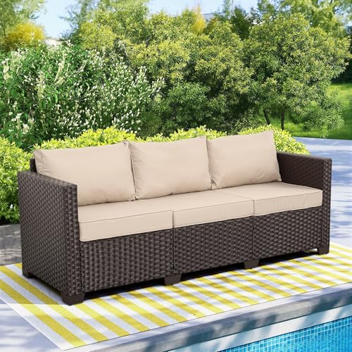 WAROOM Patio Couch PE Rattan 3-Seat Outdoor Sofa Brown Wicker Furniture Set Deep Seating with Anti-Slip Beige Cushion