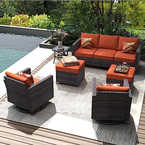 HOOOWOOO Wicker Patio Set 6 Piece Outdoor Patio Furniture Set Rattan Outdoor Patio Set Outdoor Furniture Set Patio Conversation Set Patio Furniture with Swivel Chairs,Orange Red