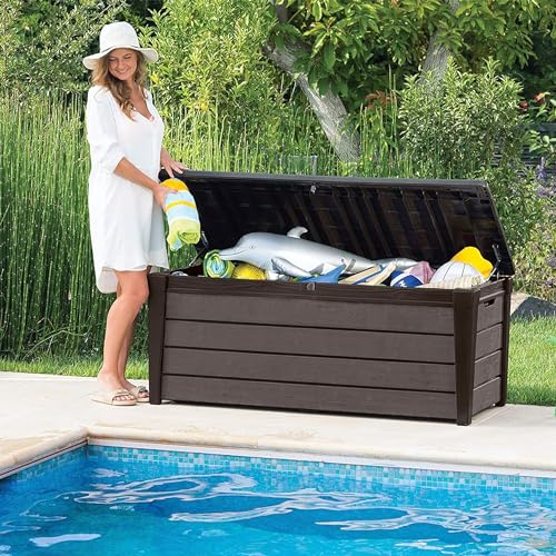 Keter Outdoor Storage Deck Box, for Patio, Backyard & Garden, Brushwood, 120 Gal, Brown - Lockable, Organizing, and Waterproof Plastic Container Bench