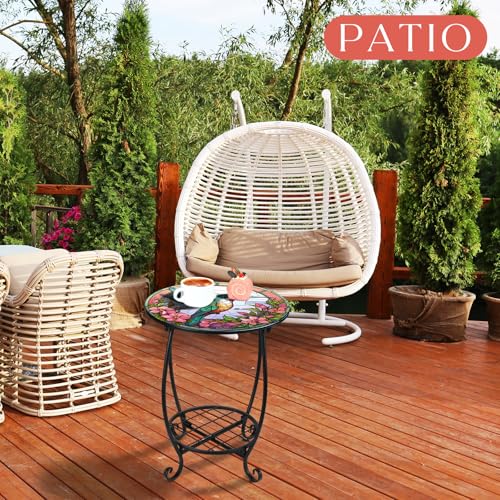 Cinnvoice Outdoor Side Table Round Small Mosaic Patio Accent Indoor End Plant Coffee Tea Table for Yard Patio Porch Garden Living Room, Bedroom(Hummingbird Style,14 Inch)