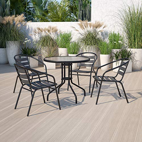 Flash Furniture Aluminum Slat Back Stacking Outdoor Restaurant Chairs, Modern Stackable Patio Chairs for Restaurants, Set of 4, Black