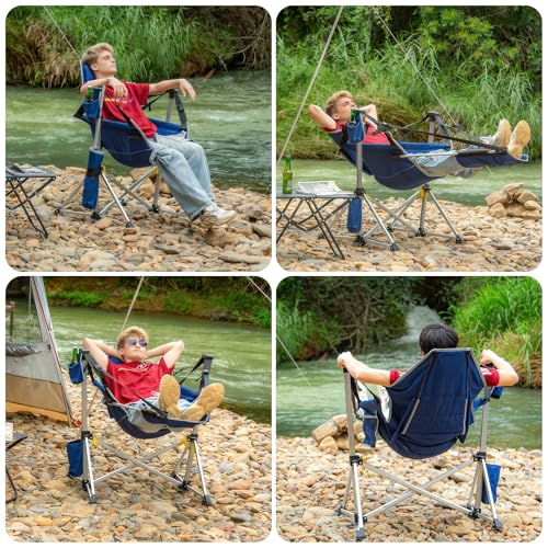 Romswi 2-Pack Aluminum Hammock Chair with Footrest, Oversized Portable Folding Swinging Chair with Adjustable Back & Seat, Lightweight Rocking Camp Chair Supports 440lbs for Outdoor, Patio - Blue