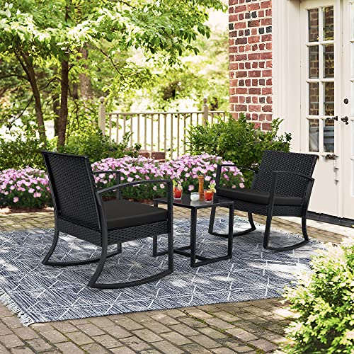 Greesum 3 Pieces Outdoor Furniture Set Patio Bistro Rocking Chairs with Glass Coffee Table for Pool Beach Backyard Balcony Porch Deck Garden, Dark Black