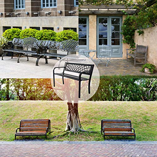 FDW Garden Bench Bench Park Outdoor Bench for Patio Metal Bench Park Bench with Plastic Backrest Armrests Sturdy Steel Frame Furniture for Yard Porch Work Entryway, Black