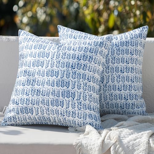 MIULEE Outdoor Pillows with Inserts Set of 2 Patio Waterproof Fade Resistant Fluffy Throw Pillows Decorative Garden Spring Natural Accent Leaves Cushion for Home Sofa Decor 18x18 Inch Royal Blue
