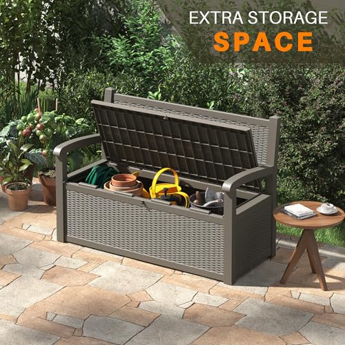 GULAIMOAO 80 Gallon Outdoor Storage Box, Resin Patio Furniture with Armrest, Lockable Deck Box with Waterproof and UV Resistant for Patio Cushions, Garden Tools and Pool Supplies, Grey