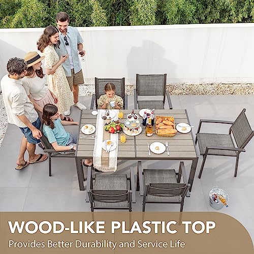 Devoko Patio Dining Set 7 Piece Outdoor Furniture with Rectangular Table and 6 Stackable Chairs Family Conversation Set for Garden Backyard Deck (Grey)