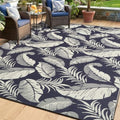 OPPODREAM Reversible Outdoor Rug 5x7, Waterproof Outdoor Plastic Straw Rug for Patio, Tropical Leaf RV Camping Rugs for Outside, Deck, Balcony, Porch, Backyard, Camping, Rv, Navy and Cream White
