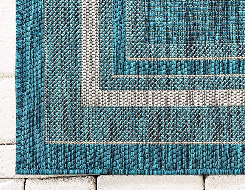 Unique Loom Outdoor Border Collection Area Rug - Soft Border (8'x 11' 4" Rectangle, Teal/ Ivory)