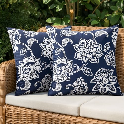 SWANCOCO Decorative Outdoor Floral Pillow Covers Set of 2,Waterproof Boho Farmhouse Throw Pillows Summer Coastal Accent Pillowcases for Patio Furniture Garden Sofa 18x18 Inch, Navy Blue