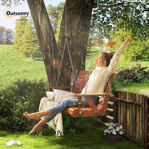 Outsunny Upgraded Wooden Porch Swing 3-Seater, 5 FT Outdoor Patio Swing Bench with Cupholders, Hanging Chains, Swing Chair Bench for Patio Garden Yard, Carbonized