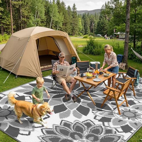 LOKHOM Outdoor Rug for Patio 6x9 ft Reversible Plastic Straw Patio Camping Rug, Floral Waterproof RV Mat for Camper Indoor Outdoor Carpet for Deck Porch Picnic Beach Balcony Backyard, Grey & White