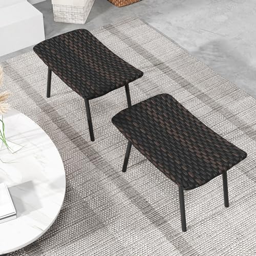 Tangkula Set of 2 Patio Ottomans, Multipurpose Rattan Ottomans w/Padded Quick Dry Foam & Heavy-Duty Metal Legs, Outdoor Wicker Footrest Extra Seating for Poolside, Backyard All Weather Resistant
