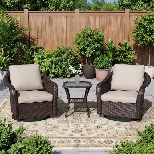 Qsoer 3 Piece Patio Wicker Bistro Set, 2 All-Weather Use Outdoor Wicker Swivel Chairs with PE Rattan Side Table,Ideal for Porch, Backyard, Balcony, Poolside, Beige
