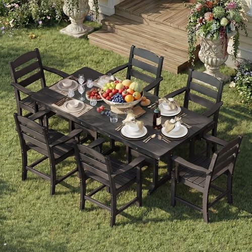 HOPUBUY 7 Pieces Patio Dining Set for 6, 71" HDPE All-Weather Patio Table and Chairs Set with Umbrella Hole, Durable Outdoor Furniture Set for Garden, Backyard, Lawn & Poolside (Black)