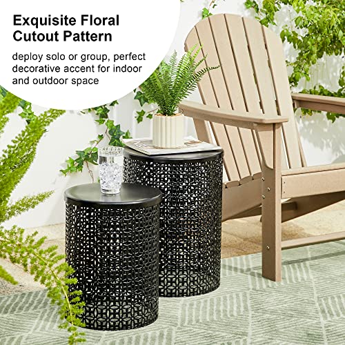 Glitzhome Outdoor Side Table Set of 2, Decorative Garden Stool for Patio Heavy Duty Metal Frame Accent Table Modern End Table, Glossy Black