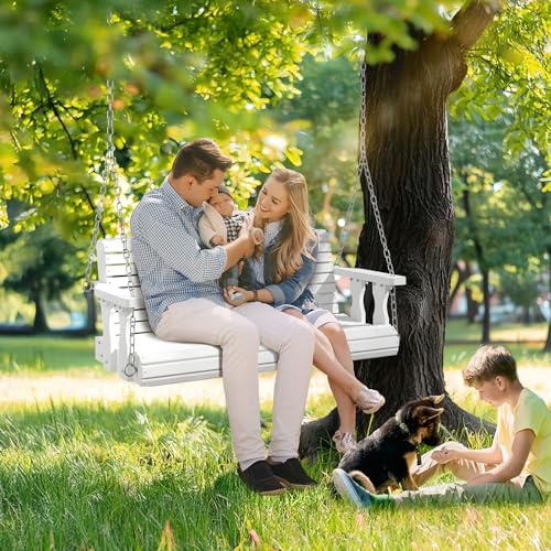 VINGLI Upgraded Patio Wooden Porch Swing for Courtyard & Garden, Heavy Duty 880 LBS Swing Chair Bench with Hanging Chains for Outdoors (White, 4 FT)