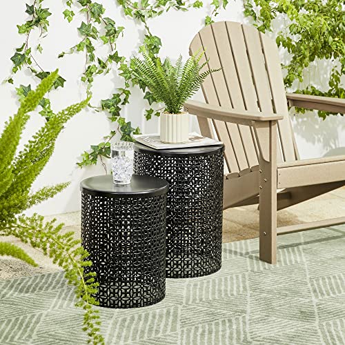 Glitzhome Outdoor Side Table Set of 2, Decorative Garden Stool for Patio Heavy Duty Metal Frame Accent Table Modern End Table, Glossy Black