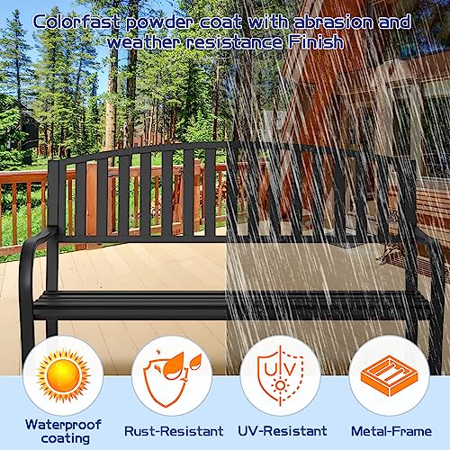 Maemttes Outdoor Bench Garden Bench, Weatherproof Anti-Rust Heavy-Duty Outside Benches Clearance, Wrought Iron Metal Bench for Front Porch, Patio, Park