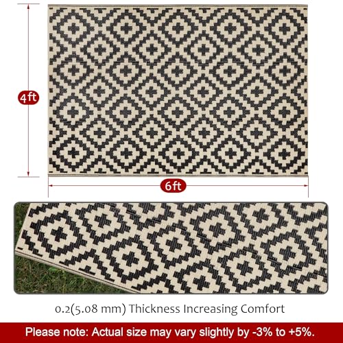 SAND MINE Reversible Mats, Plastic Straw Rug, Modern Area Rug, Large Floor Mat and Rug for Outdoors, RV, Patio, Deck, Beach, Camping (Black & Beige Lattice, 4' x 6', -3% to 5% Size Variance)