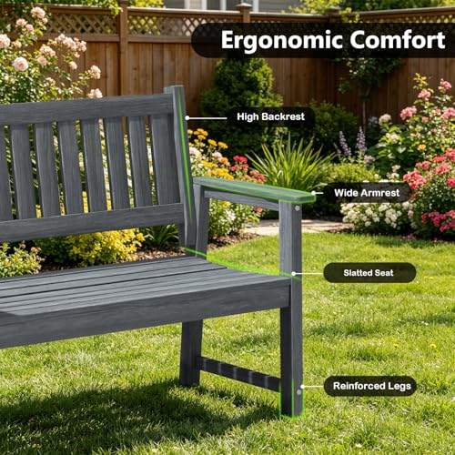 ACUEL Outdoor Bench, 2-Person Garden Bench, Poly Lumber Patio Bench for Outdoors, Porch, and Park (Dark Grey)