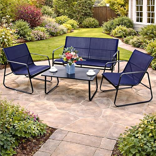 Kozyard Sofia 4-Piece Patio Conversation Set, Outdoor Furniture Set with Loveseat, 2 Chairs & Table, Breathable Textilene Seating, Powder-Coated Metal Frame, All-Weather for Balcony Backyard Navy Blue