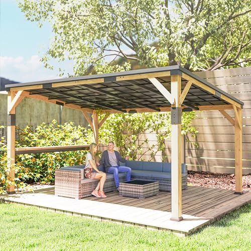 Outsunny 10' x 14' Wooden Gazebo with Galvanized Steel Sloped Roof, Hardtop Lean-to Gazebo Pergola with Bar Shelf, Large Heavy Duty Awning for Patio, Deck, Backyard, Natural Wood