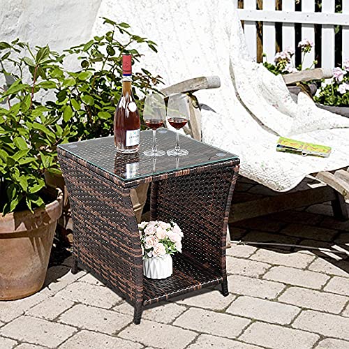 VINGLI Outdoor Wicker Side Table Patio Side Tables for Outside, Tempered Glass Top Wicker Table with Storage End Table for Balcony Porch Deck (Brown)