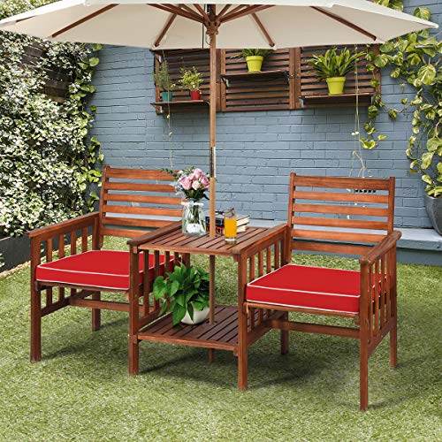 Tangkula Acacia Wood Loveseat, 3pcs Outdoor Table Chairs Set, Patio Conversation Set w/Coffee Table and Soft Cushions, 2.1-inch Umbrella Hole, 2-Seater Furniture Set (Red)