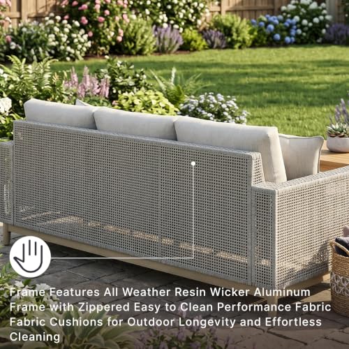 Signature Design by Ashley Seton Creek Cottage Nuvella Weather Resistant Fabric Outdoor Sofa with Cushion and 4 Throw Pillows, Light Brown & Light Gray
