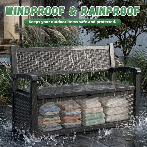 MAIUSCOLI 80 Gallon Outdoor Storage Bench Waterproof Resin Lockable UV Resistant Deck Box Benches Furniture Outside Porch Patio Pool Garden Tool Cushion Black