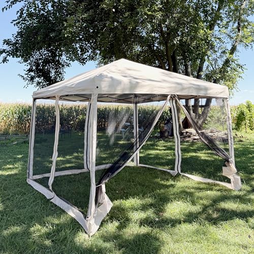 Outsunny 10' x 10' Pop Up Canopy Tent with Netting, Instant Gazebo, Screen House Room with Carry Bag, Height Adjustable, for Outdoor, Garden, Patio, Camping, Beige
