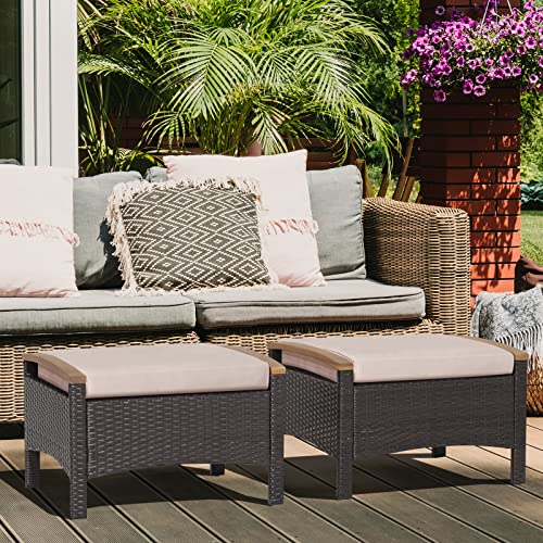 RELAX4LIFE Outdoor Wicker Ottomans for Patio - 2 Pieces PE Rattan Ottoman, Footrest Seat with Zippered Cushions, Acacia Wood Handles, 3-in-1 Footstool, Side Table for Poolside, Backyard (Brown)