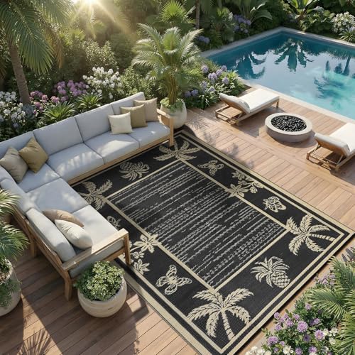 Garvee Outdoor Rug 5x8 Waterproof for Patios, Reversible Plastic Straw Rug, Tropical Leaf Indoor Outdoor Rugs, Large Area Rug for RV, Camping, Deck, Picnic Mat, Outside Carpet, Black & Brown