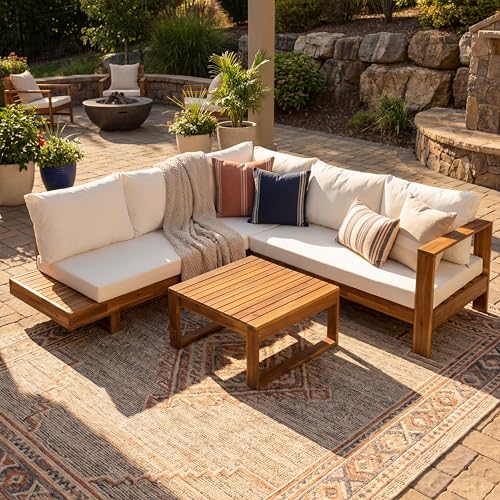 CKLMMC Acacia Wood 4pc Outdoor Sectional Sofa Set with Cushions and Slatted Design - Modern Patio, Deck & Garden Seating for Ultimate Comfort