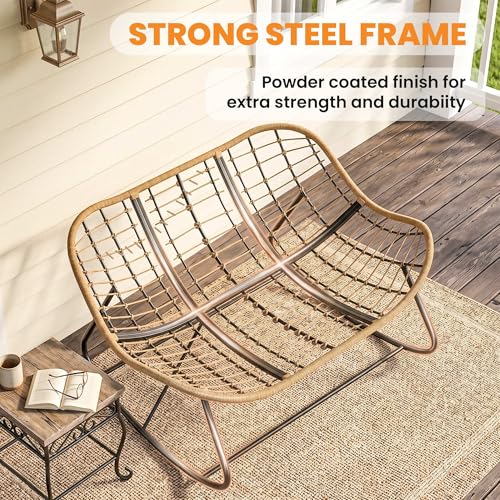 Outsunny Double Papasan Rocking Chair, Wicker Oversized Indoor Outdoor Rocking Papasan Chair with Cushion, PE Rattan Outdoor Rocker Egg Chairs for Living Room, Garden, Patio, Balcony, Cream White