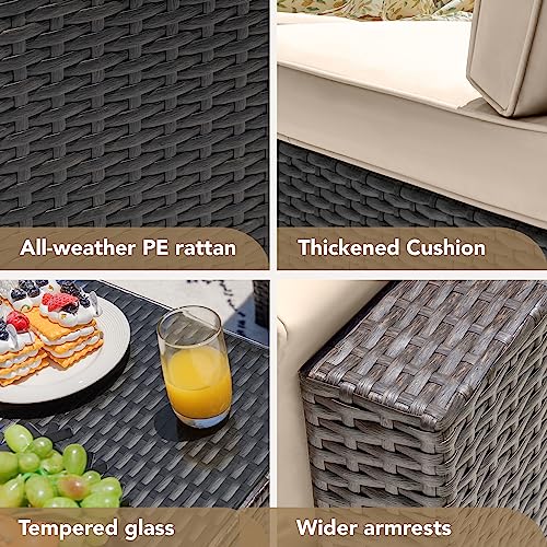 Devoko 7 Pieces Outdoor Sectional Sofa Patio Furniture Sets Manual Weaving Wicker Rattan Patio Conversation Sets with Cushion and Glass Table (Beige)