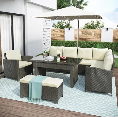 YYDSUS 6 Piece Outdoor Conversation Set Modular Patio Wicker Rattan Furniture Set All Weather Reinforced Wicker Rattan Sectional Sofa Chair with Bench and Cushions