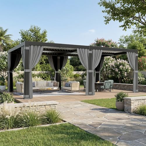 Airwire 12'x20' Louvered Pergola, Outdoor Pergola with 2 Independent Adjustable Roof and Drainage System, Aluminum Pavilion with Curtains & Netting, Hardtop Gazebo for Patio, Deck, Garden, Gray