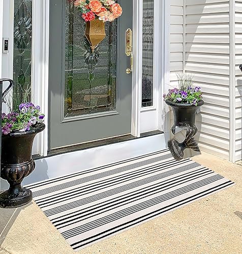 Black and White Striped Outdoor Rug 24'' x 51''Farmhouse Front Porch Rug Hand-Woven Machine Washable Layered Door Mats for Entryway/Bedroom/Patio/Porch Decor