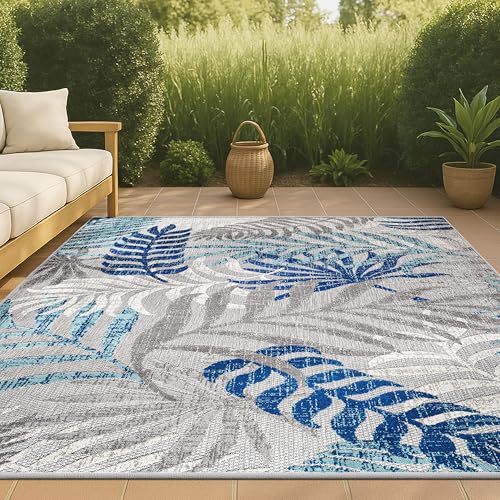 JONATHAN Y Tropics Palm Leaves Indoor Outdoor Area Rug 8X10 Gray/Blue, Boho for Backyard, Patio, Porch, Easy-Cleaning, High Traffic, Pet-Friendly, Non-Shedding (AMC100A-8)