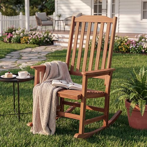 Devoko Outdoor Rocking Chair Acacia Wood Porch Rocking Chairs, Outdoor Chairs with Widened Armrest for Porch, Poolside, Balcony and Yard, Natural (1 Chair)