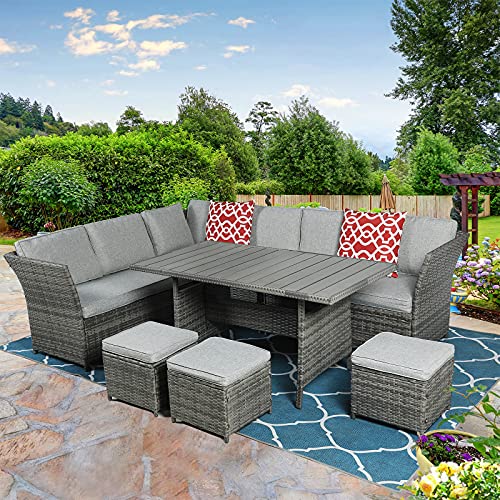 MEETWARM 7 Pieces Wicker Patio Furniture Set Outdoor Conversation Set All Weather Rattan Sectional Sofa Couch Garden Dining Table Chair Set with Ottoman (Gray)